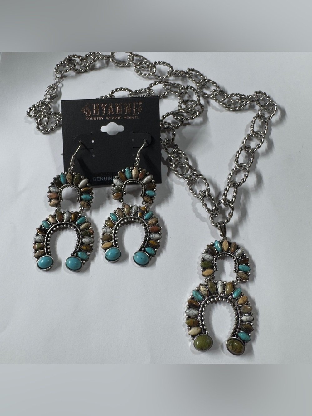 Shyanne Turquoise, Green/Tan Multi-Stone Silver-Tone 13”Necklace and Earring Set